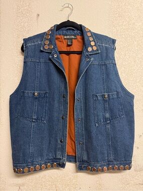 Vintage 90s Murcora Coin Studded Denim Vest Rust Lined Blue Jean XL